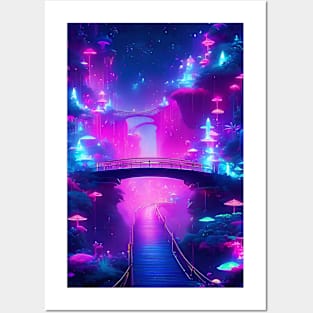 Neon city bridge in cyberpunk Posters and Art